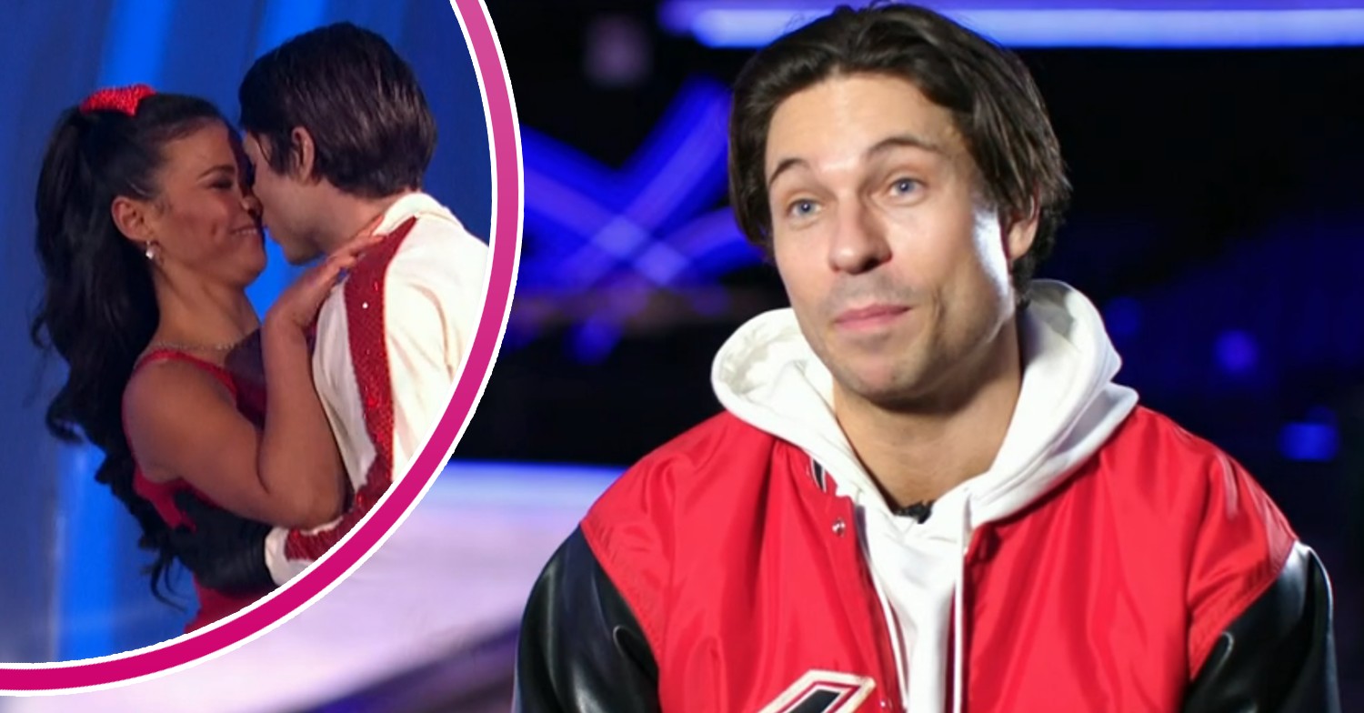 Vanessa and Joey Essex almost kiss, Joey speaking to the camera on Dancing On Ice