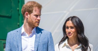 Prince Harry looking stern / Meghan Markle smiling