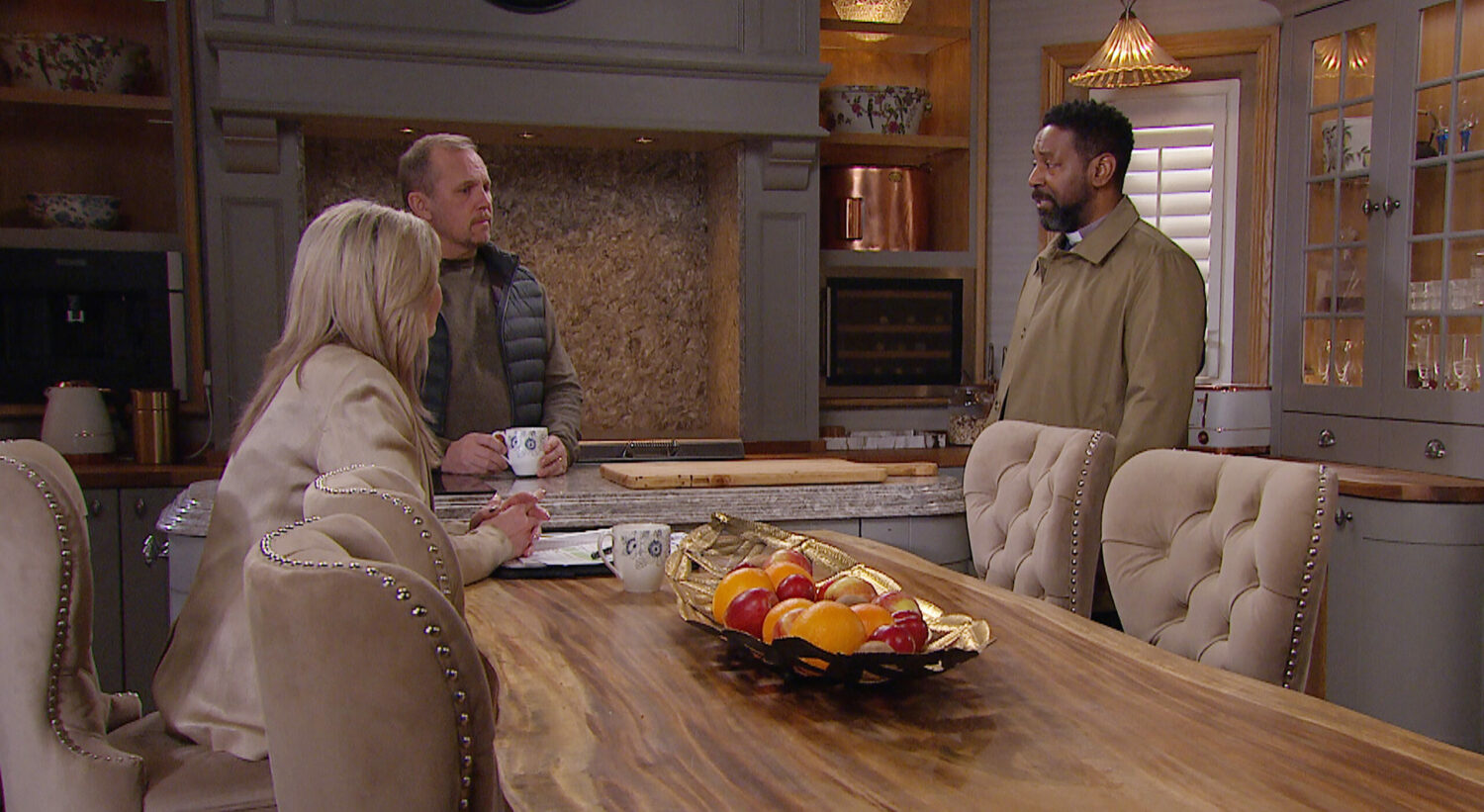 Kim and Will in their kitchen in Emmerdale as Charles confronts them.