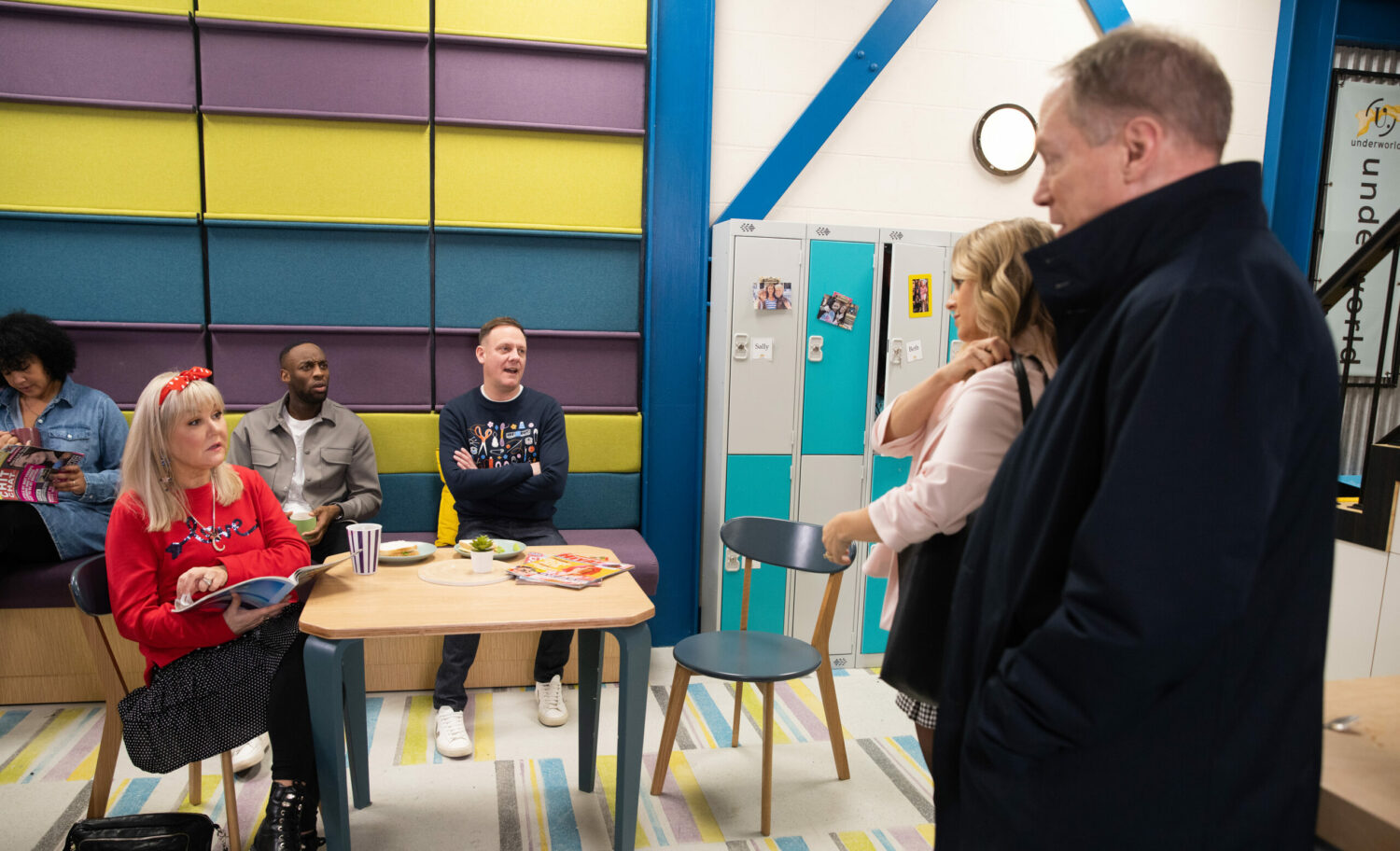 Stephen and Sarah appease the factory workers in Corrie