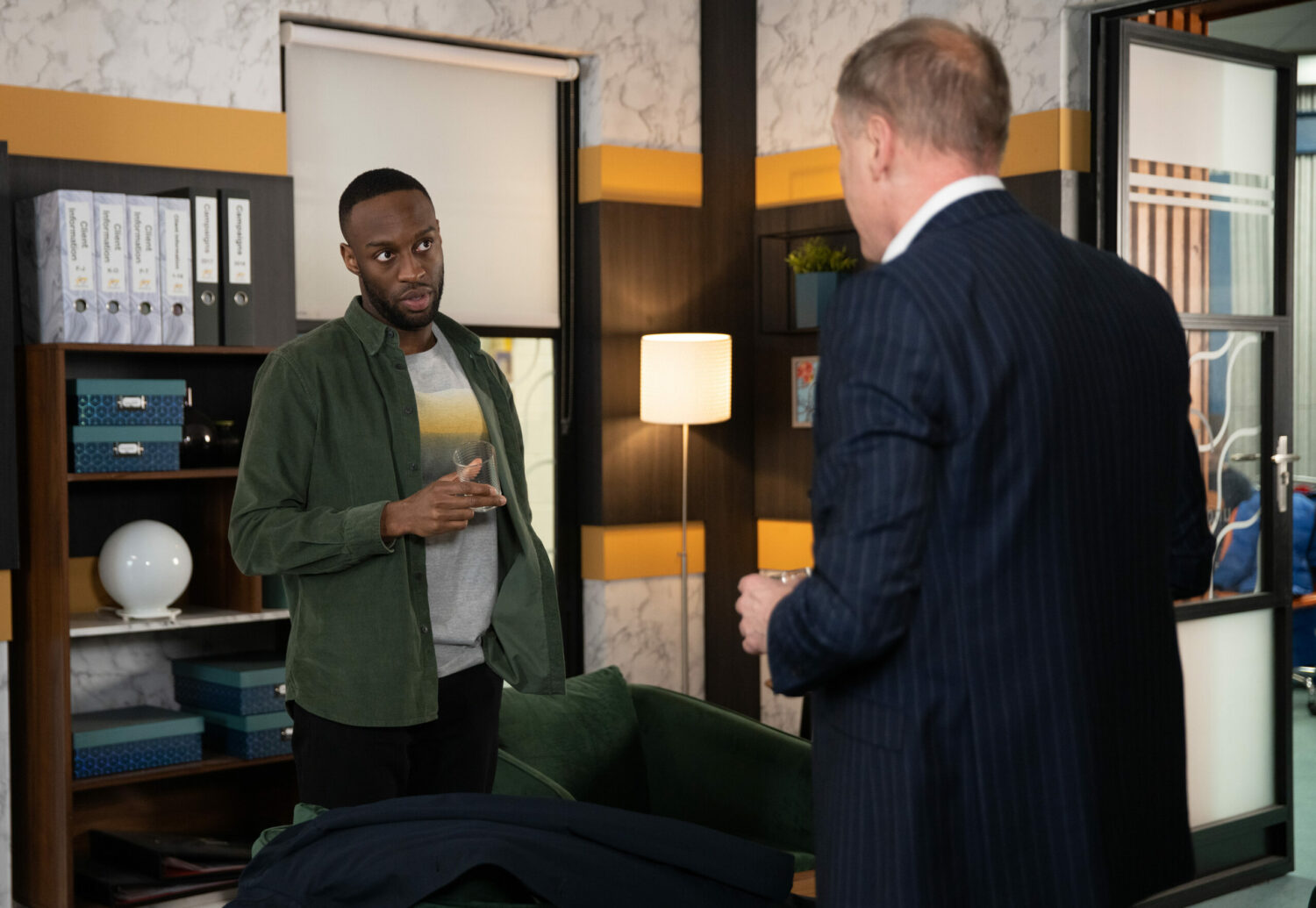 Stephen confronts Stephen in the Underworld office on Corrie 