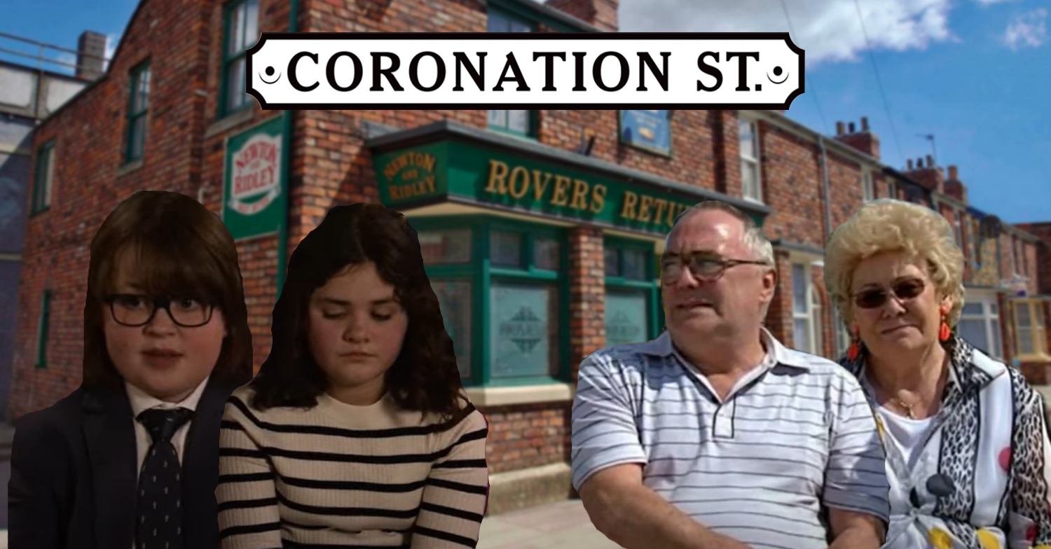 Coronation Street's Sam, Hope, Jack and Vera with the Coronation Street logo