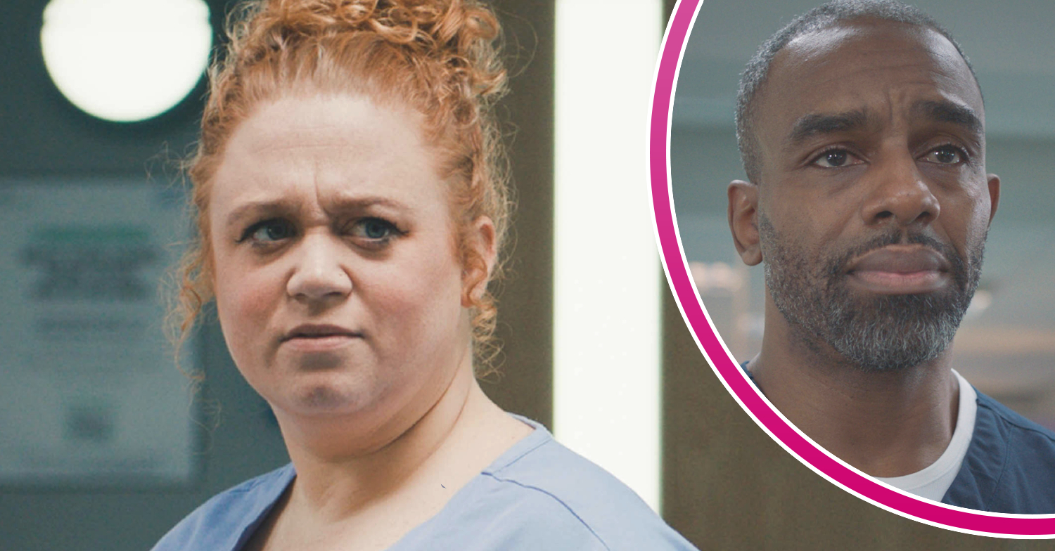 Casualty's Robyn looks confused and, in a bubble, Jacob looks tearful