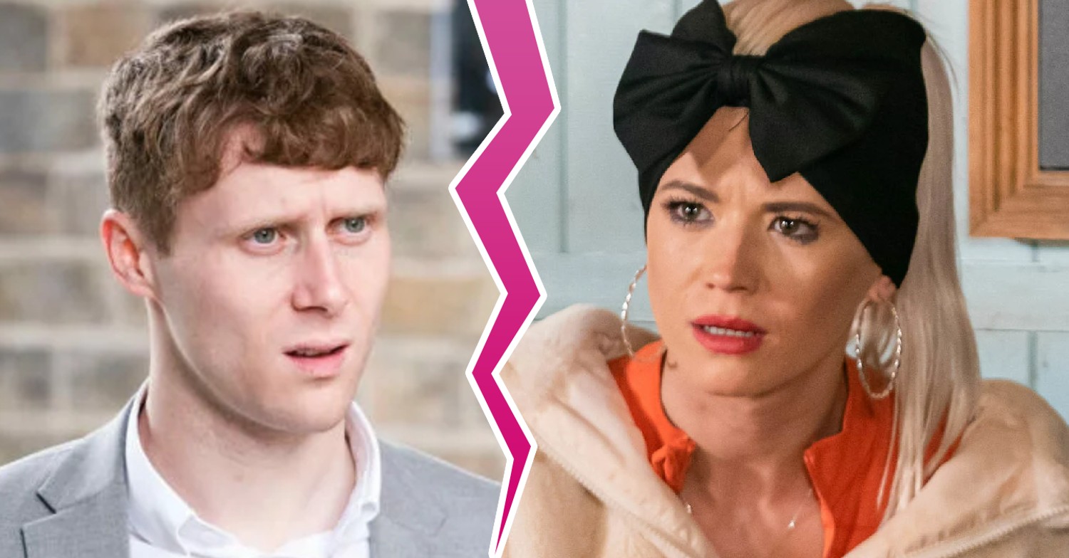 Composite of Jay and Lola on EastEnders; she is angry, while he looks shocked (Credit: BBC)