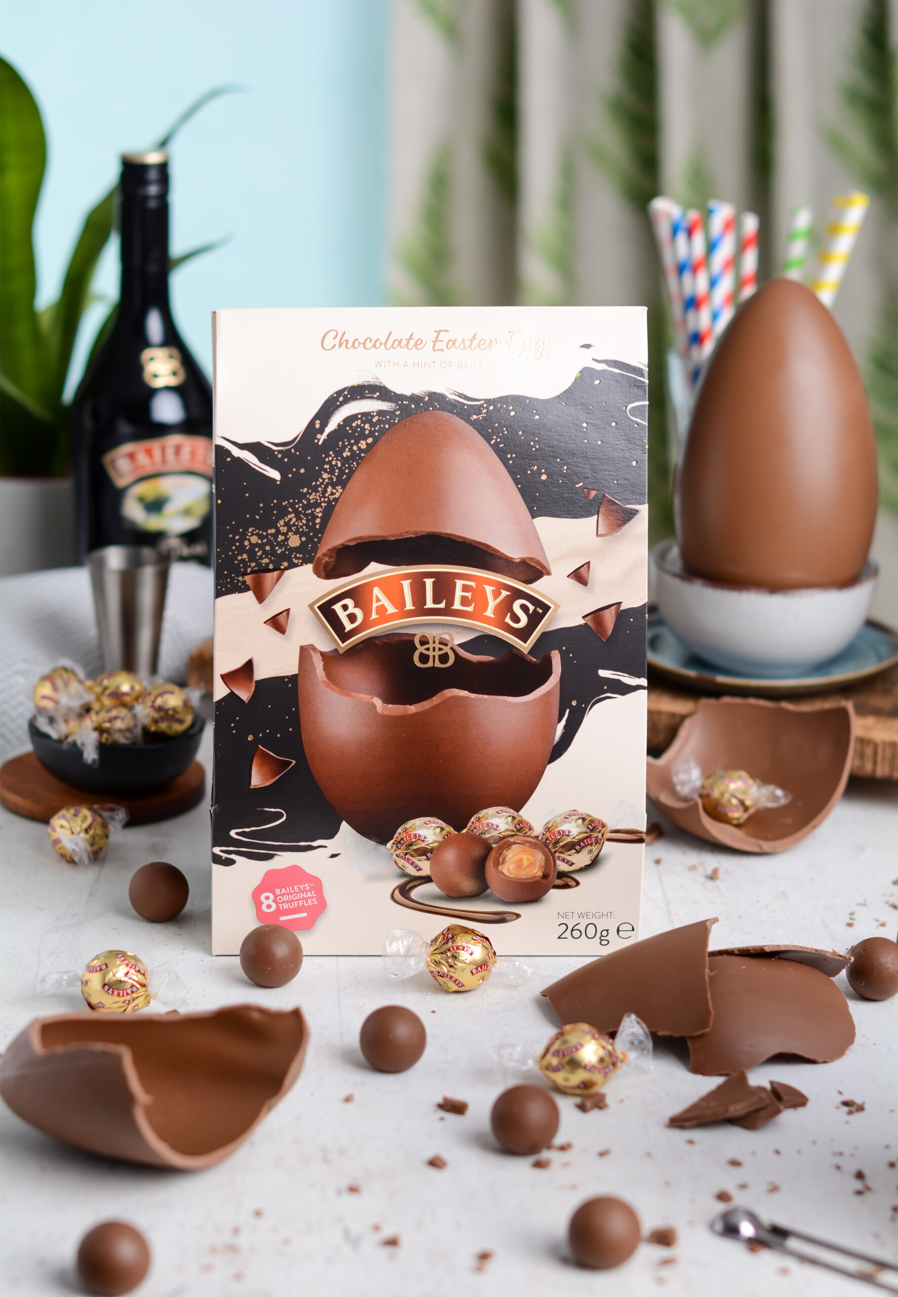New Baileys Chocolate Original Egg 250g posed with truffles