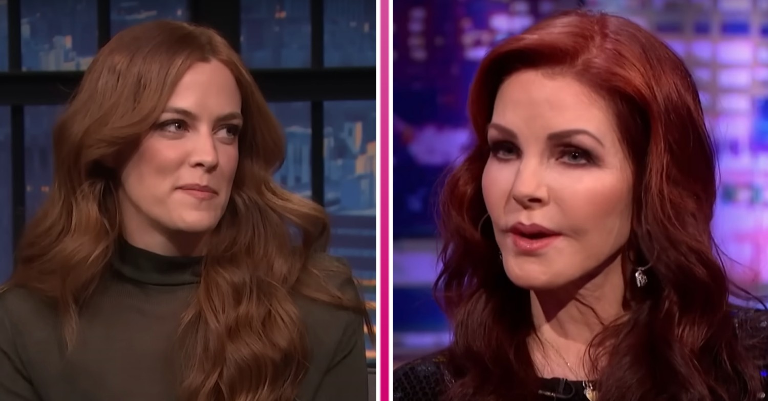 Riley Keough smirking / Priscilla Presley speaking on the Jonathan Ross Show