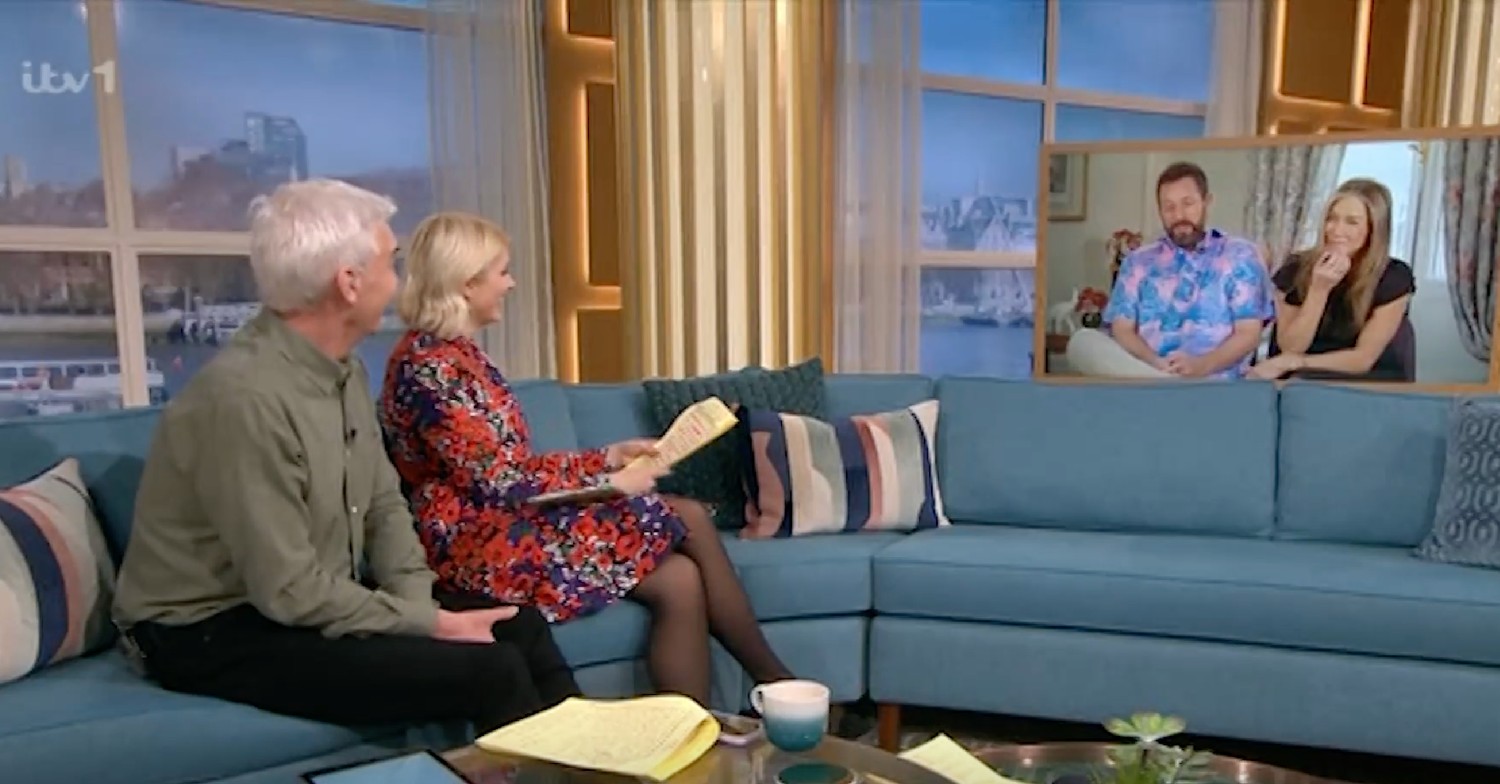 Phillip Schofield and Holly Willoughby speaking to Jennifer Aniston and Adam Sandler via video link on This Morning today