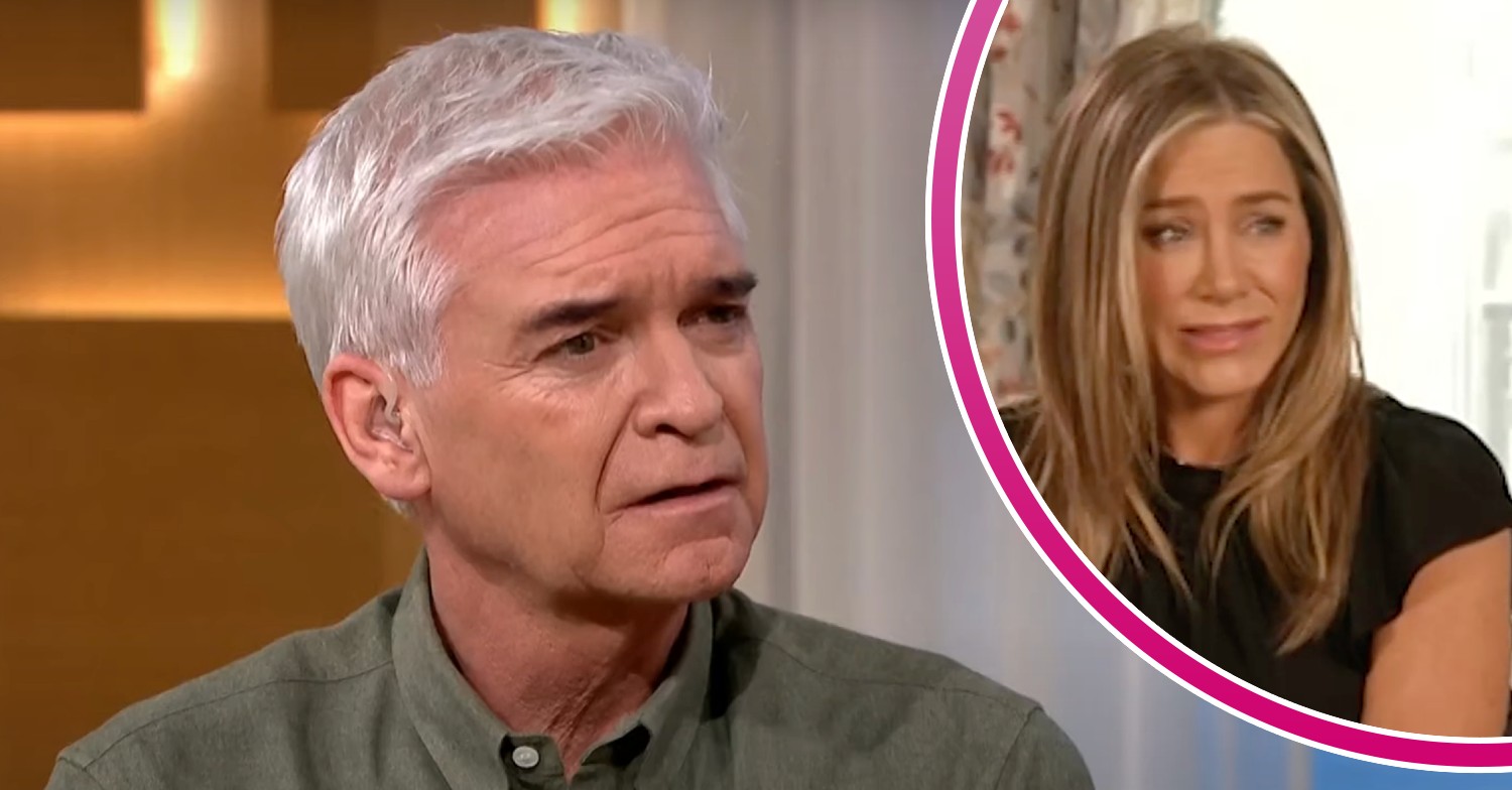 Phillip Schofield looking concerned / Jennifer Aniston wincing on This Morning today