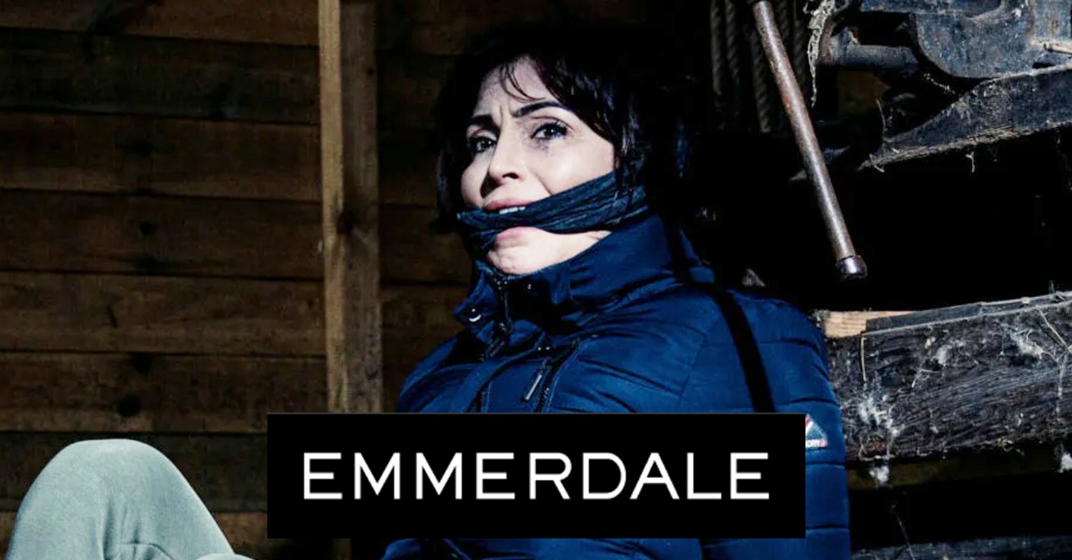 Leyla bound and gagged on Emmerdale, above show logo (Credit: ITV/Composite: Entertainment Daily)