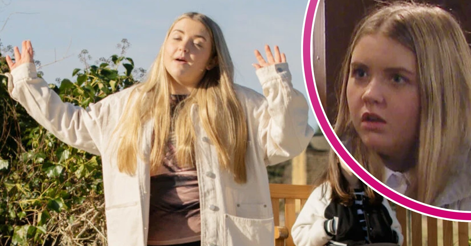 Cathy waves her hands, mid manic episode; inset, she looks angry and shocked (Credit: ITV/Composite: Entertainment Daily)