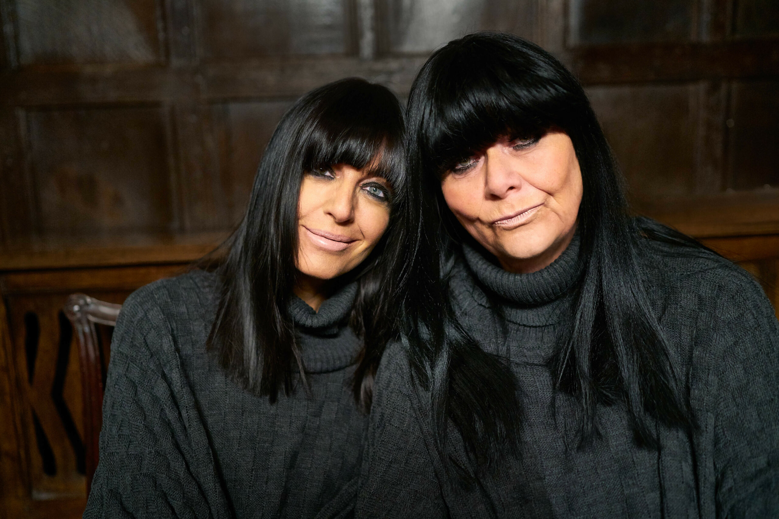 Claudia Winkleman and Dawn French dressed as Claudia Winkleman smile for Traitors sketch