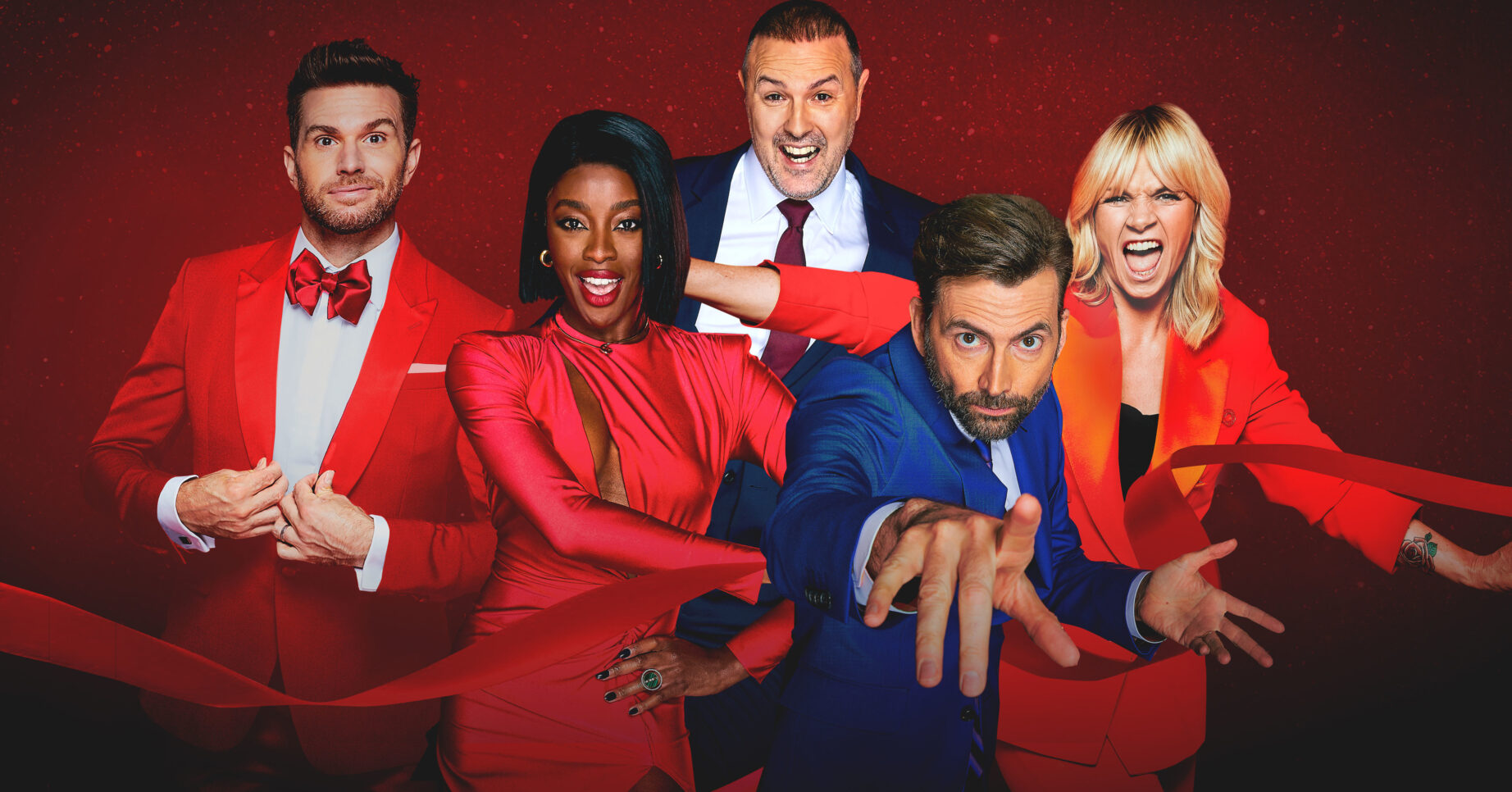 Joel Dommett, AJ Odudu, Paddy McGuinness, David Tennant and Zoe Ball hosting Comic Relief