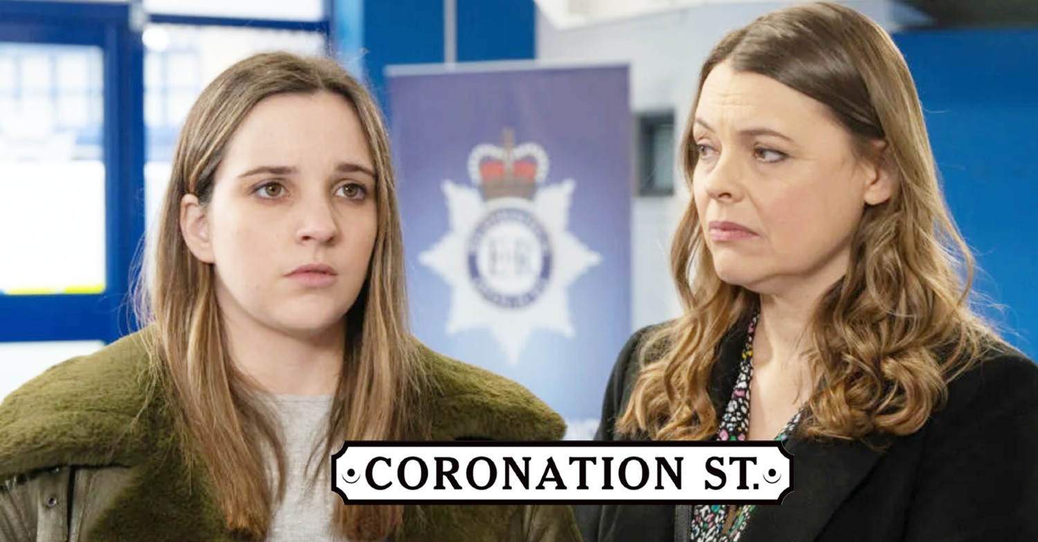 Tracy and Amy at the police station on Coronation Street with show logo (Credit: ITV/Composite: Entertainment Daily)