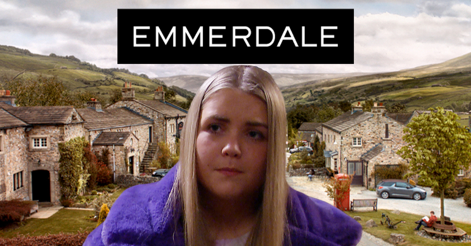 Emmerdale's Cathy is looking upset next to the Emmerdale logo and background