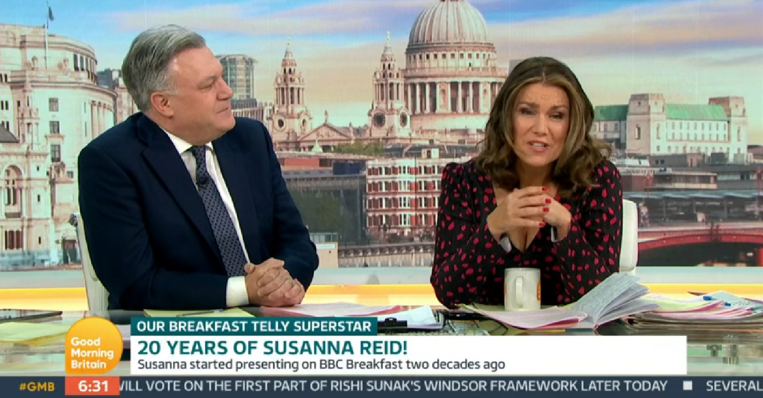Ed Balls looking at Susanna Reid as she talks on GMB today