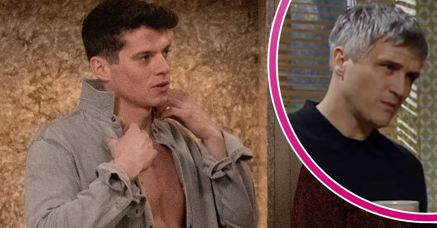 Emmerdale's Nicky has his shirt open and, in a bubble, is Caleb