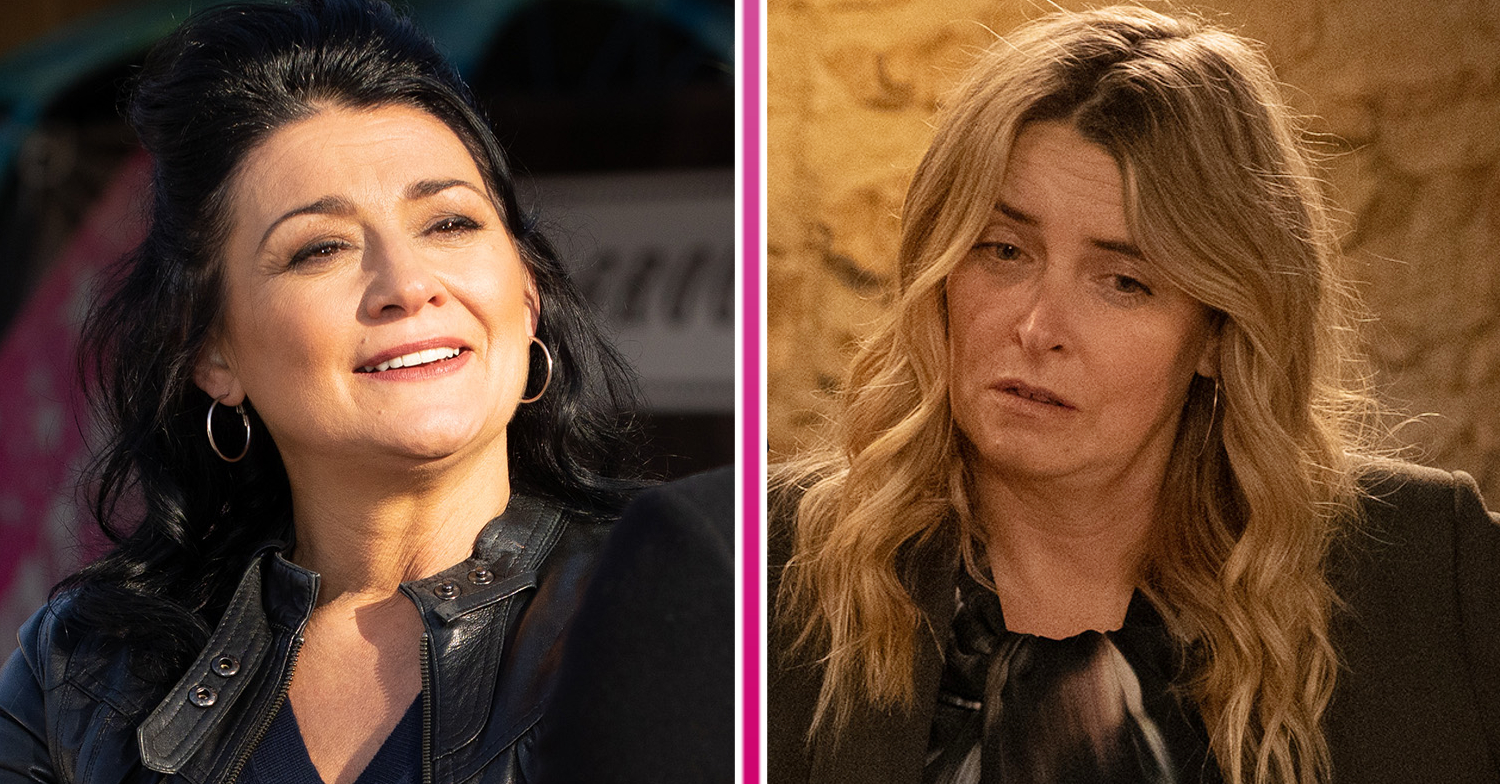 Emmerdale's Moira is smiling whilst Charity is concerned