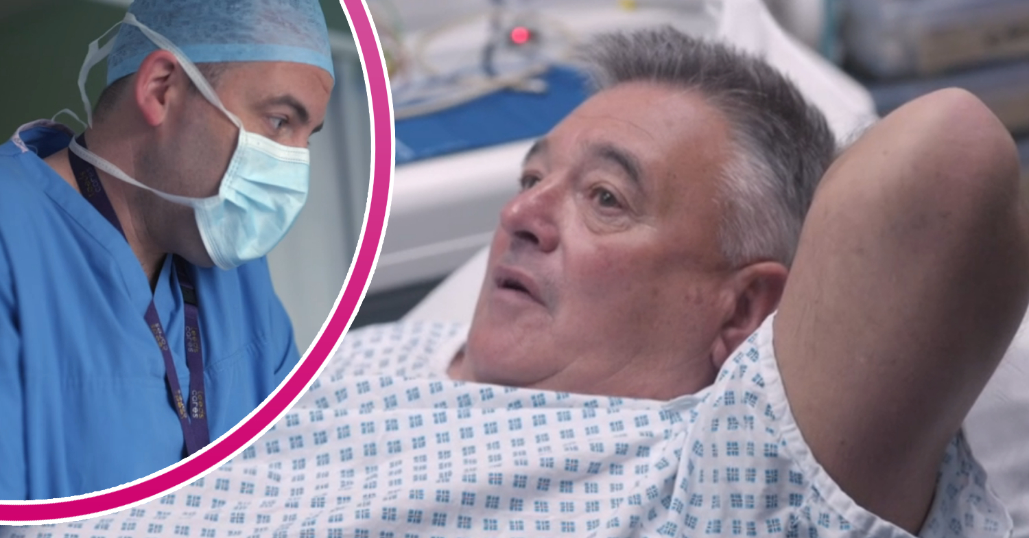 Trevor and surgeon Chris West frown in Saving Lives in Leeds