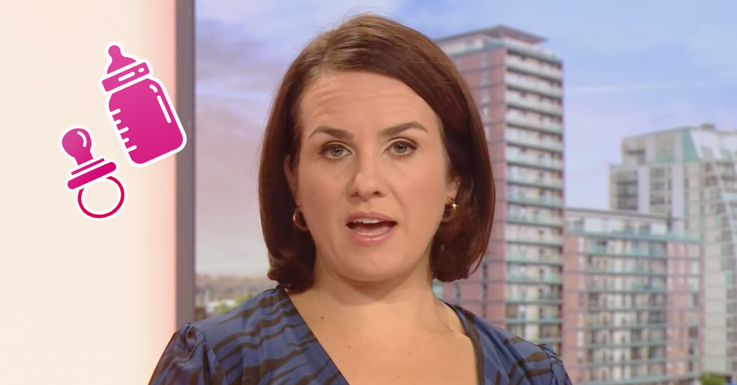 Nina Warhurst on BBC Breakfast with pink baby booties and bottle