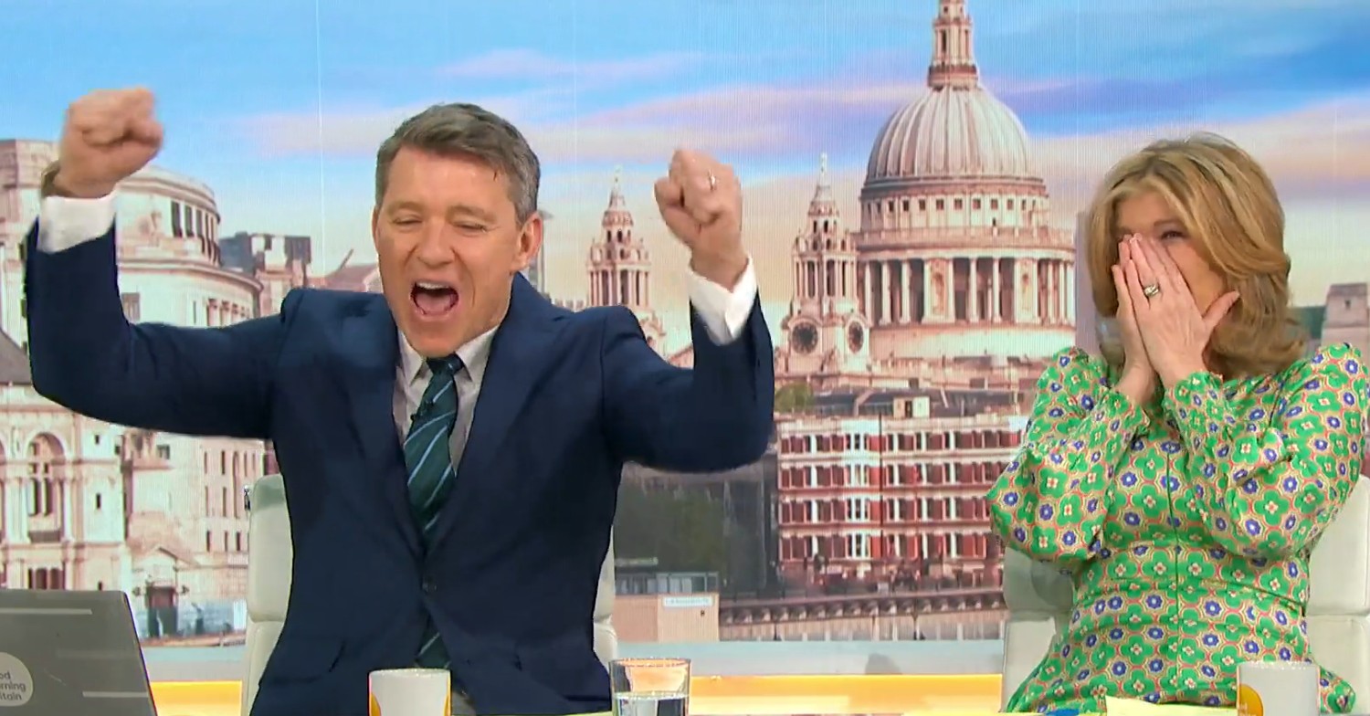 Ben Shephard cheering and Kate Garraway looking shocked on GMB