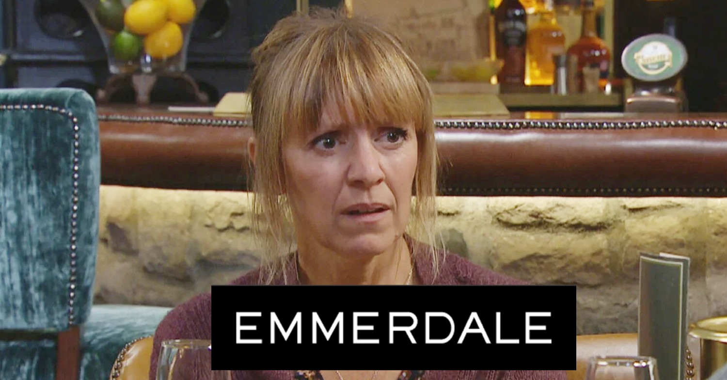Rhona looks shocked on Emmerdale; inset, show logo (Credit: ITV/Composite: Entertainment Daily)