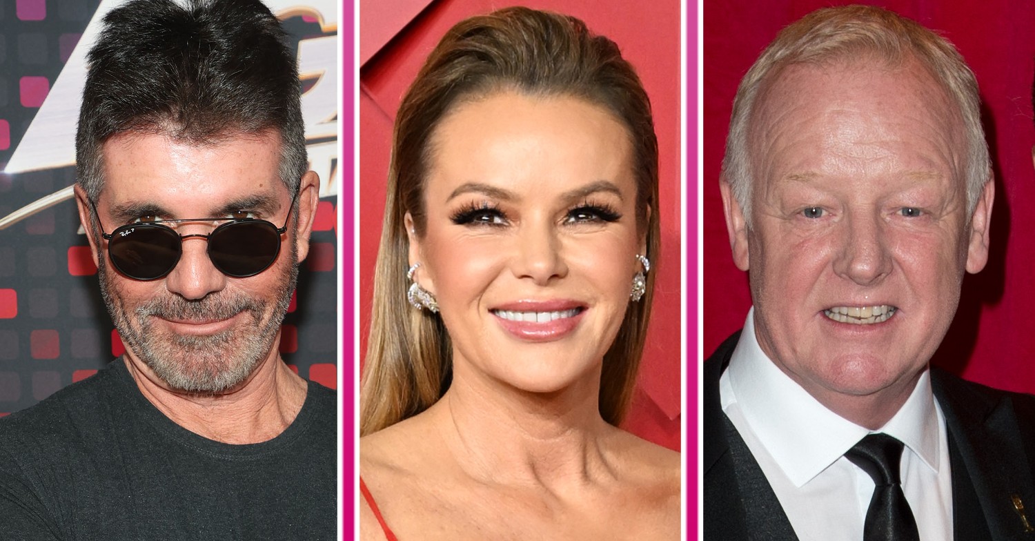 Simon Cowell peeps over his sunglasses, Amanda Holden beams, and Les Dennis looks at the camera