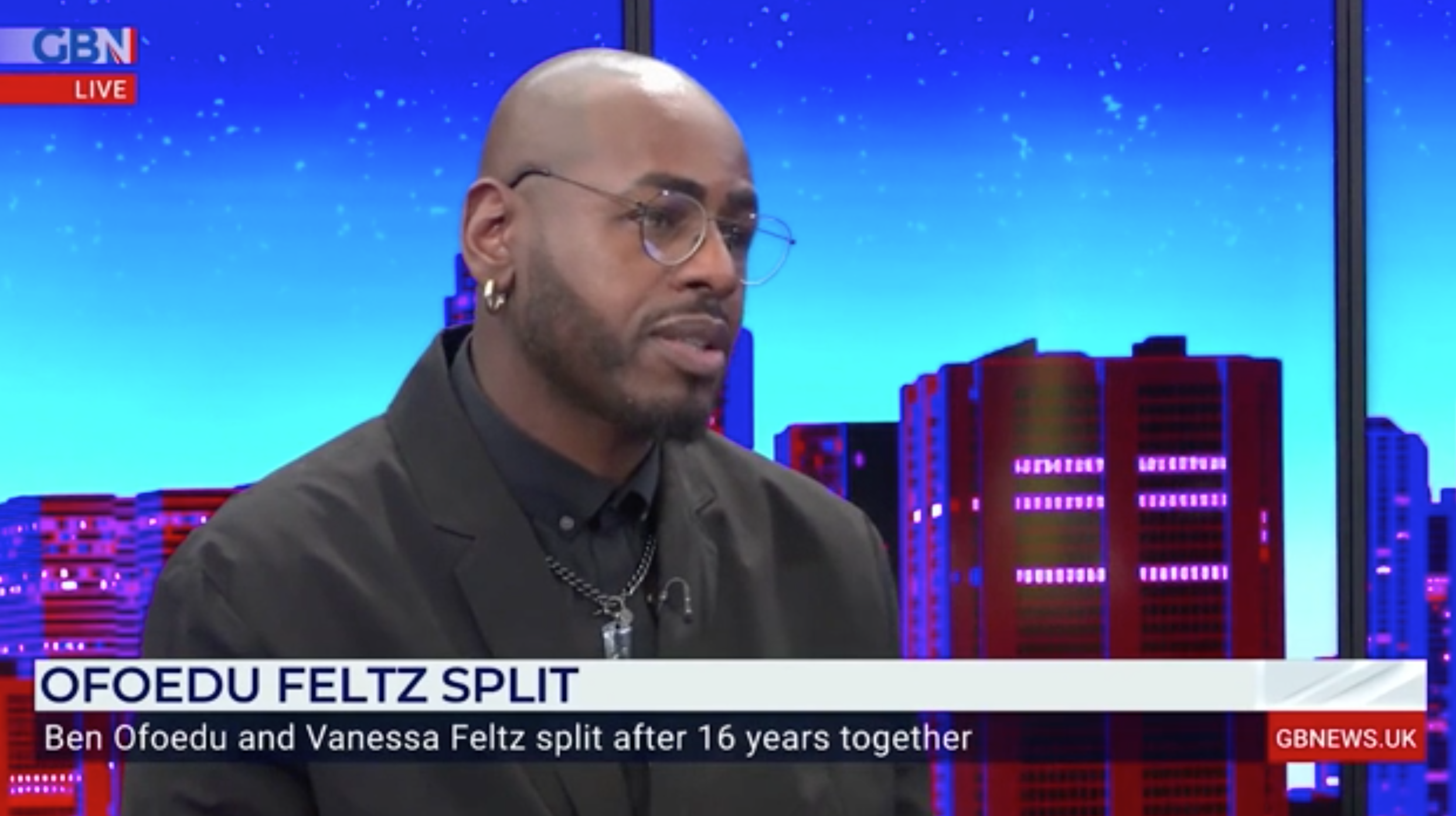 Ben Ofoedu wearing black on GB News
