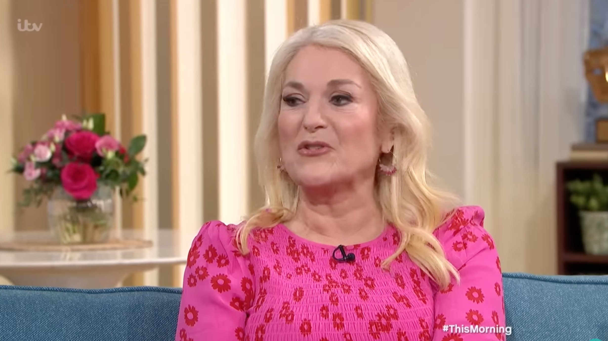 Vanessa Feltz in a pink dress on This Morning