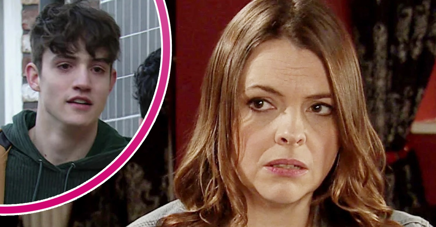 Tracy looks angry on Coronation Street; inset, Aaron, looking as though butter wouldn't melt (Credit: ITV/Composite: Entertainment Daily)
