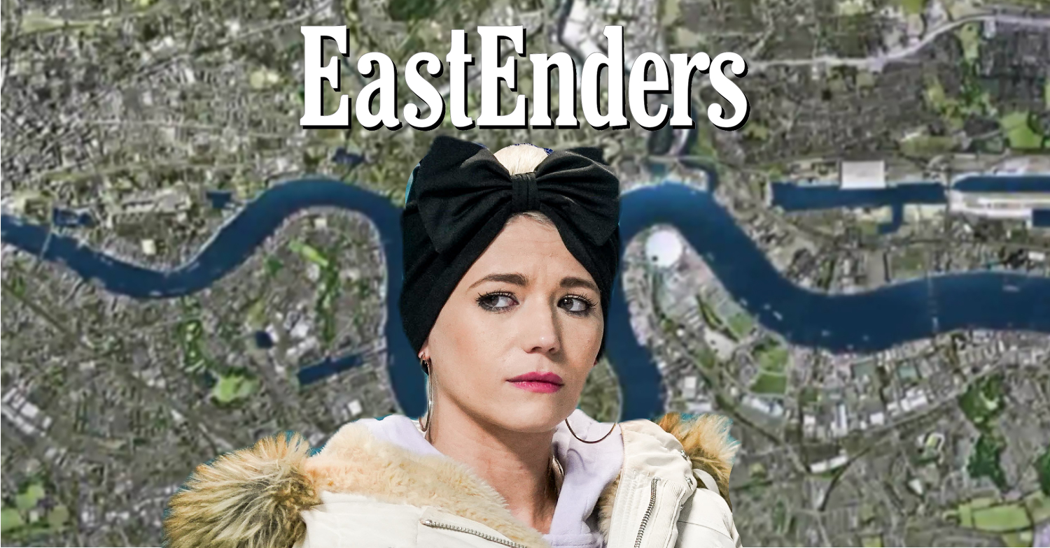 EastEnders' Lola is sad in front of the EastEnders logo and background