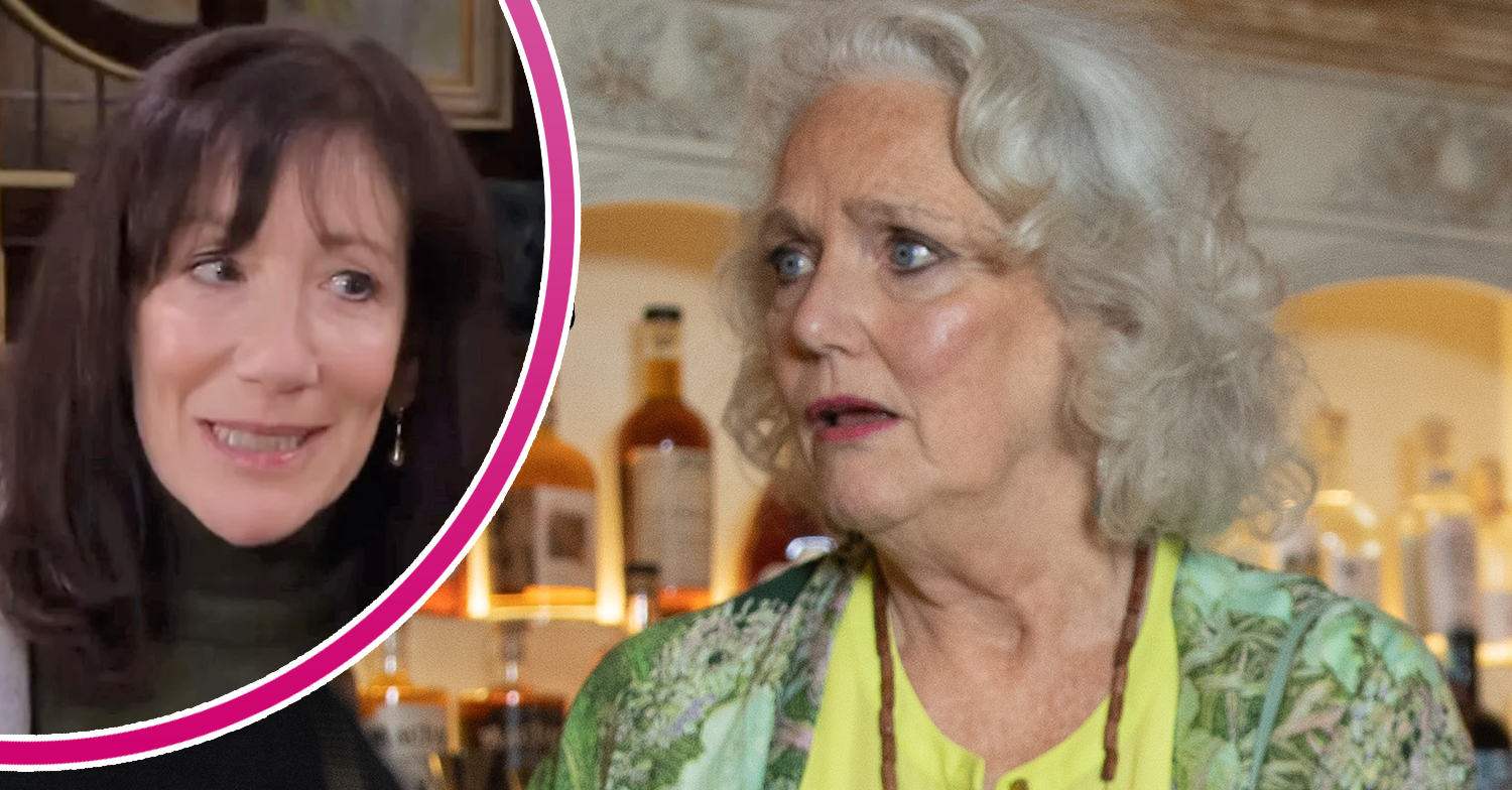 Emmerdale's Mary is looking worried and, in a bubble, Faye is smiling