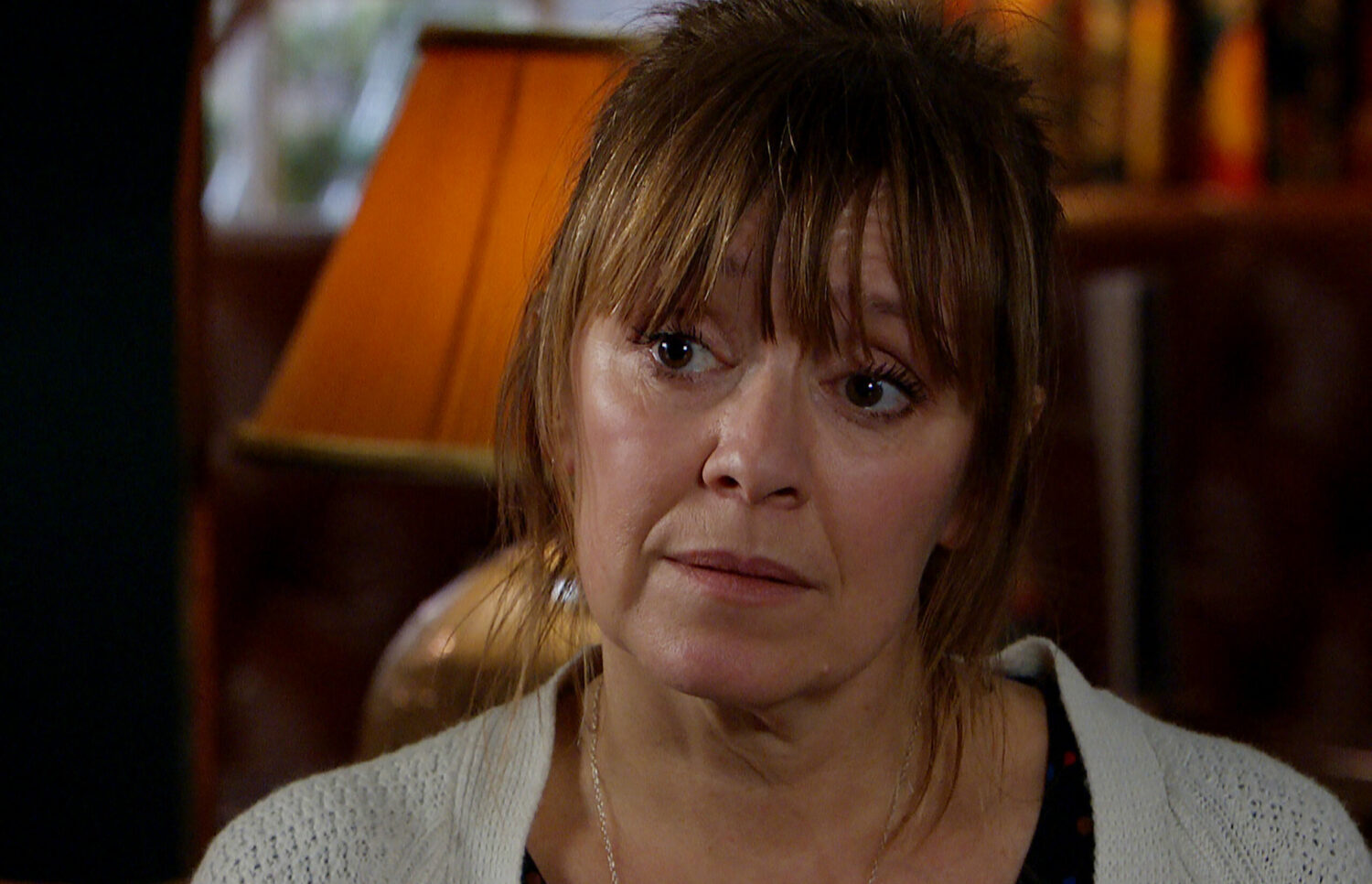 Rhona from Emmerdale looking worried