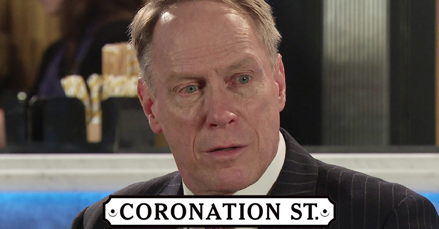 Stephen looking worried in Coronation Street with show logo comp image