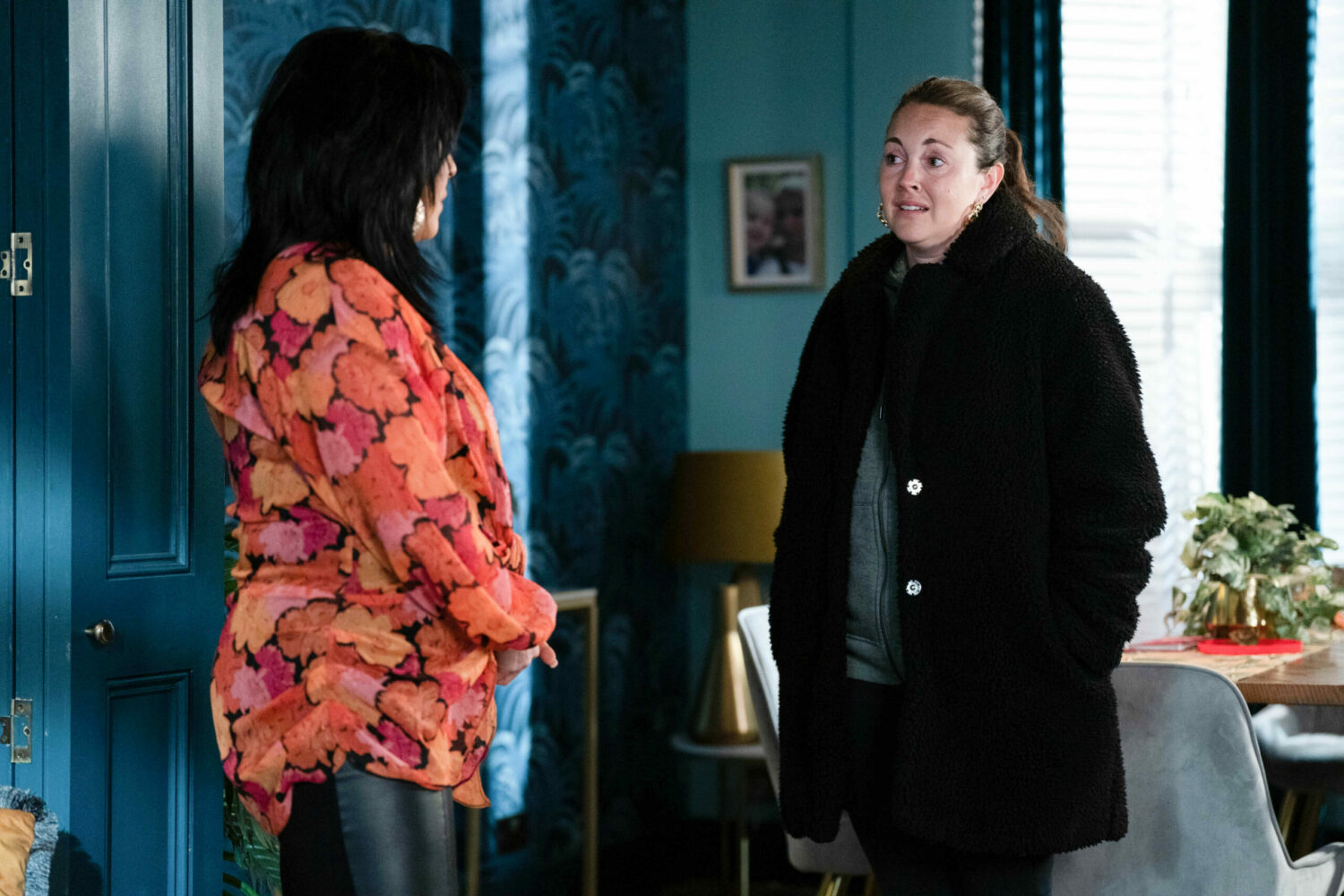 Stacey Slater looks pleadingly at Kat Slater in the Mitchells' living room
