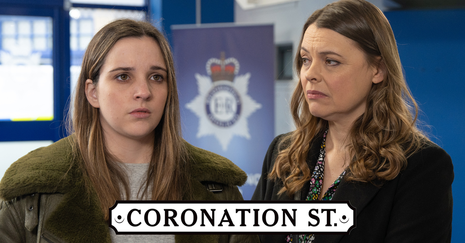 Coronation Street's Amy and Tracy are at the police station behind the Coronation Street logo