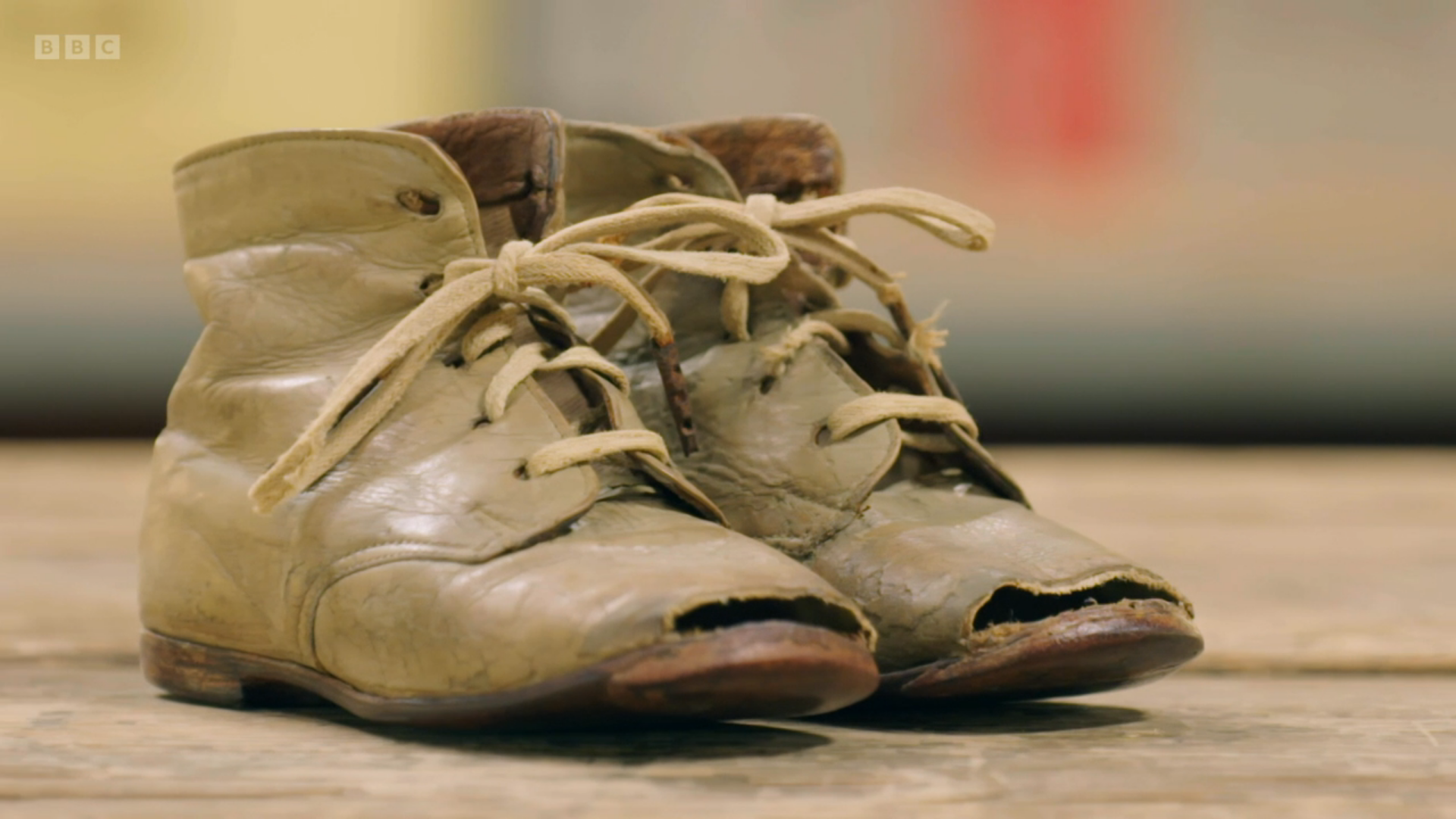 The restored shoes on The Repair Shop