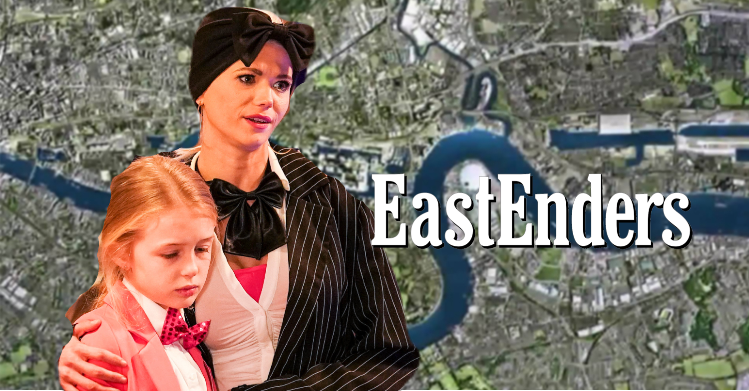 EastEnders' Lola and Lexi with the EastEnders background and logo