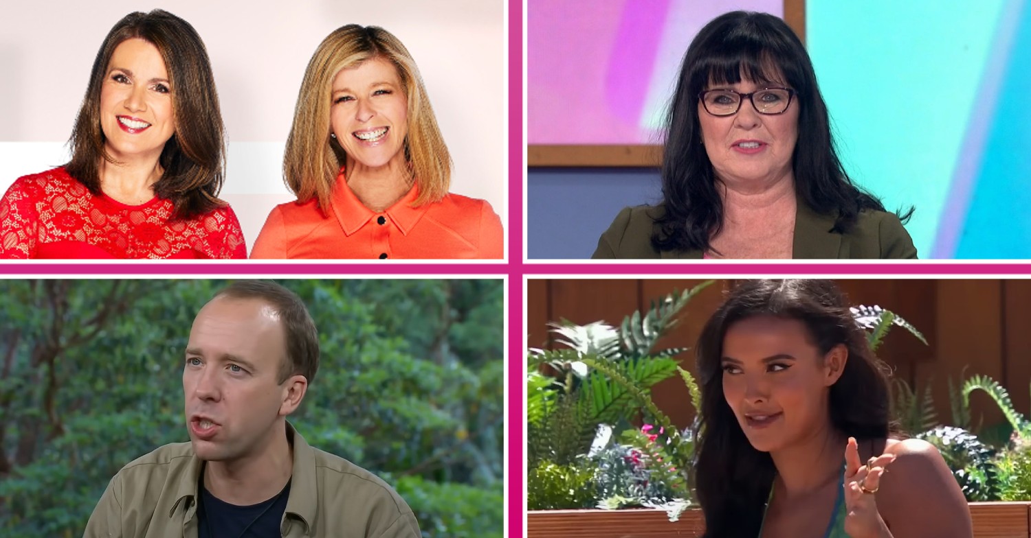 GMB hosts Kate Garraway and Susanna Reid smiling / Coleen Nolan on Loose Women / Matt Hancock on I'm A Celebrity / Maya Jama on Love Island
