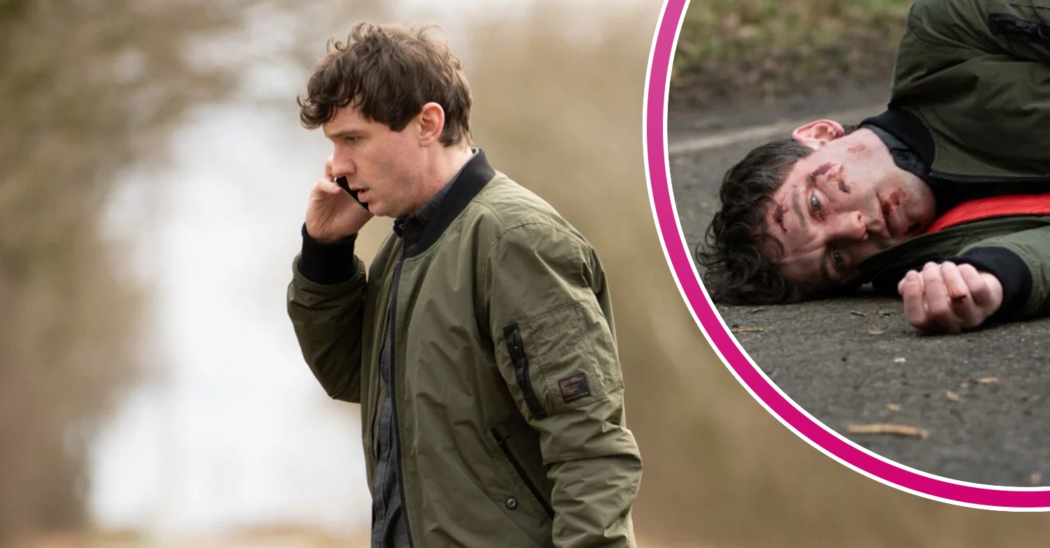 Alex on the phone as he crosses the street in Emmerdale; inset, lying bloodied and broken in the road (Credit: ITV/Composite: Entertainment Daily)