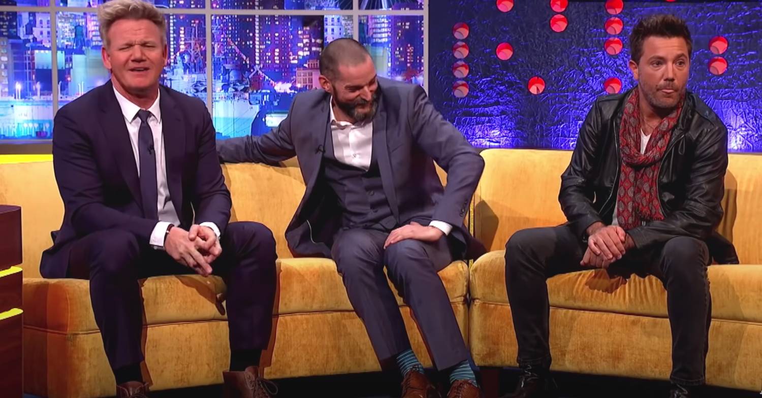 Gino D'Acampo sits with Gordon Ramsay and Fred Sirieix