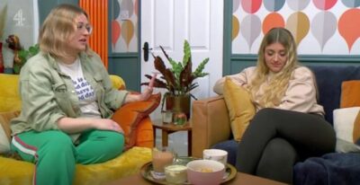 Gogglebox stars Ellie and Izzi on their sofas