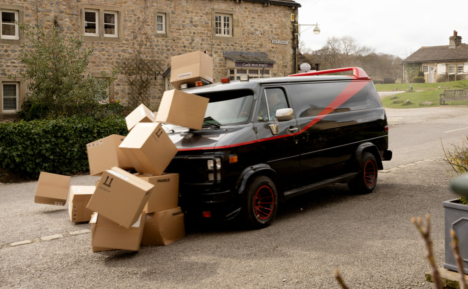 The A-Team van crashes into a pile of boxes on Emmerdale