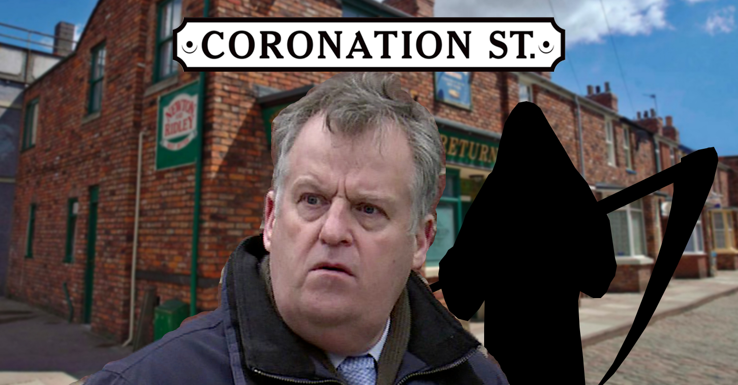 Coronation Street's Brian is with a reaper and the Coronation Street logo and background