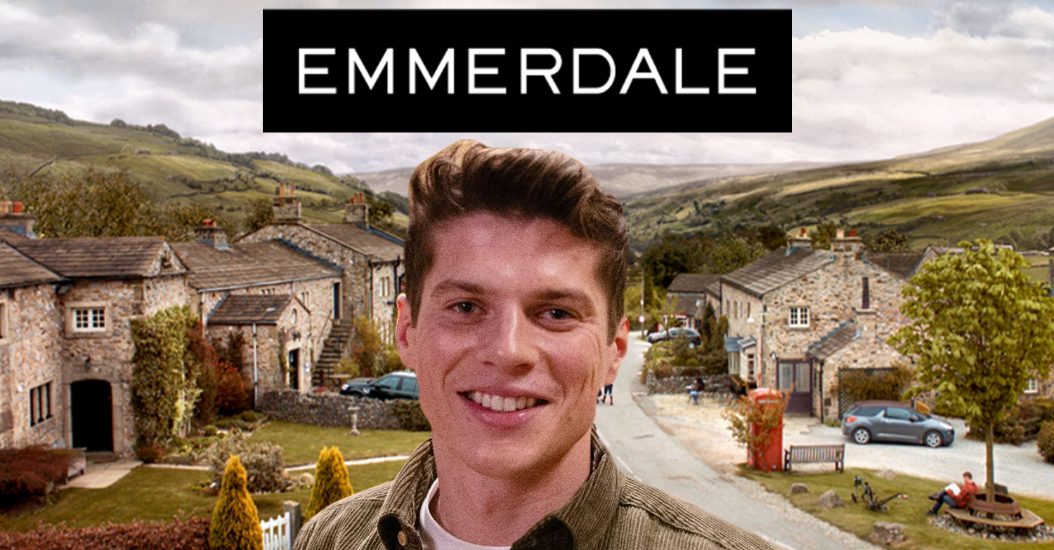 Emmerdale's Nicky is with the Emmerdale logo and background
