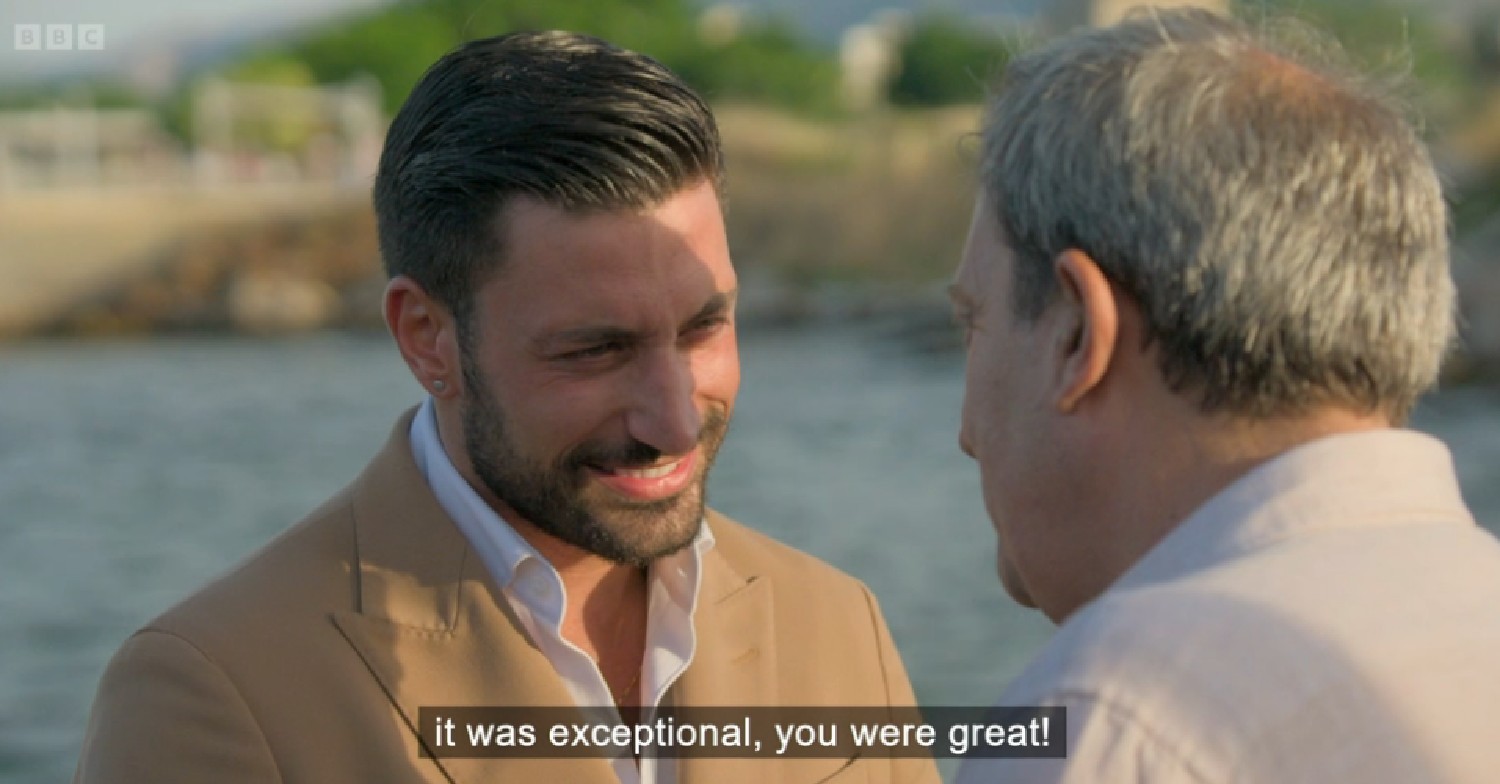 Giovanni Pernice speaking to his dad on Sicily travel show