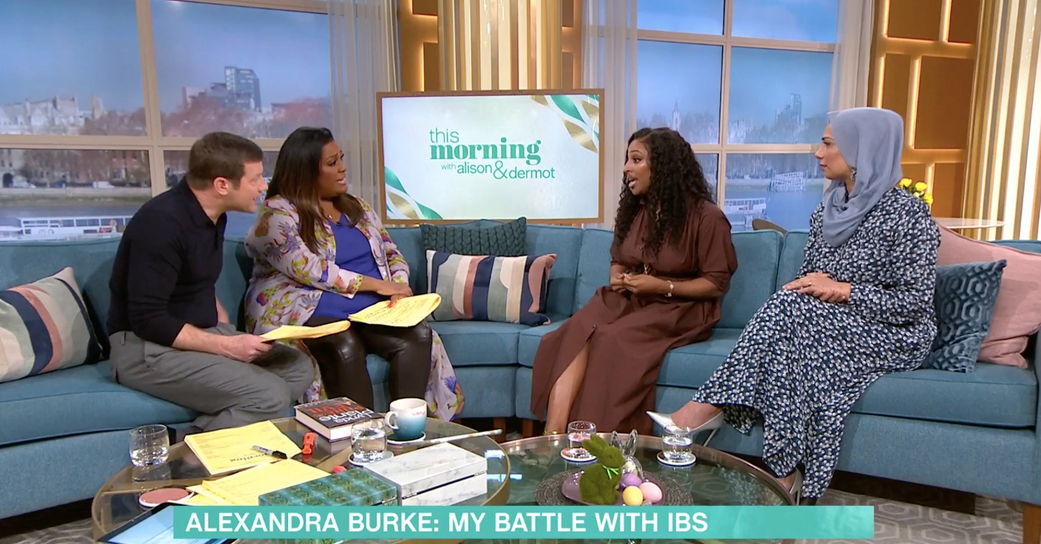 Alexandra Burke with hosts Dermot and Alison on This Morning today