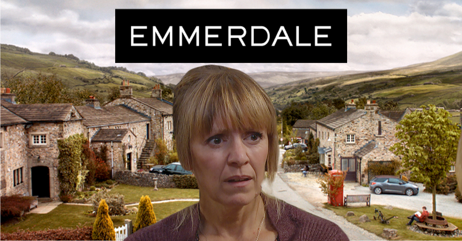 Emmerdale's Rhona is with the Emmerdale background and logo