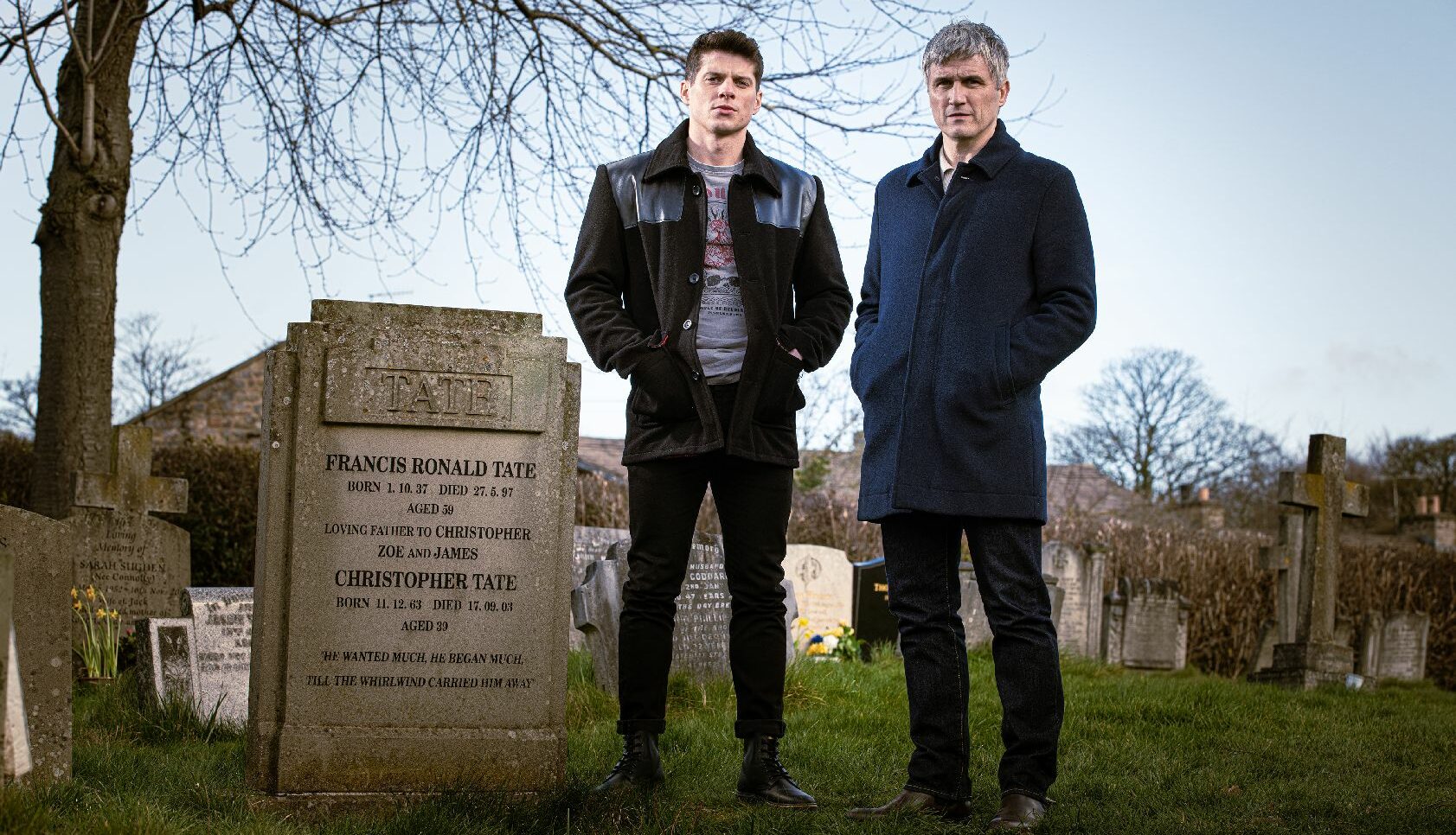 Emmerdale's Nicky and Caleb are standing outside of Frank Tate's headstone