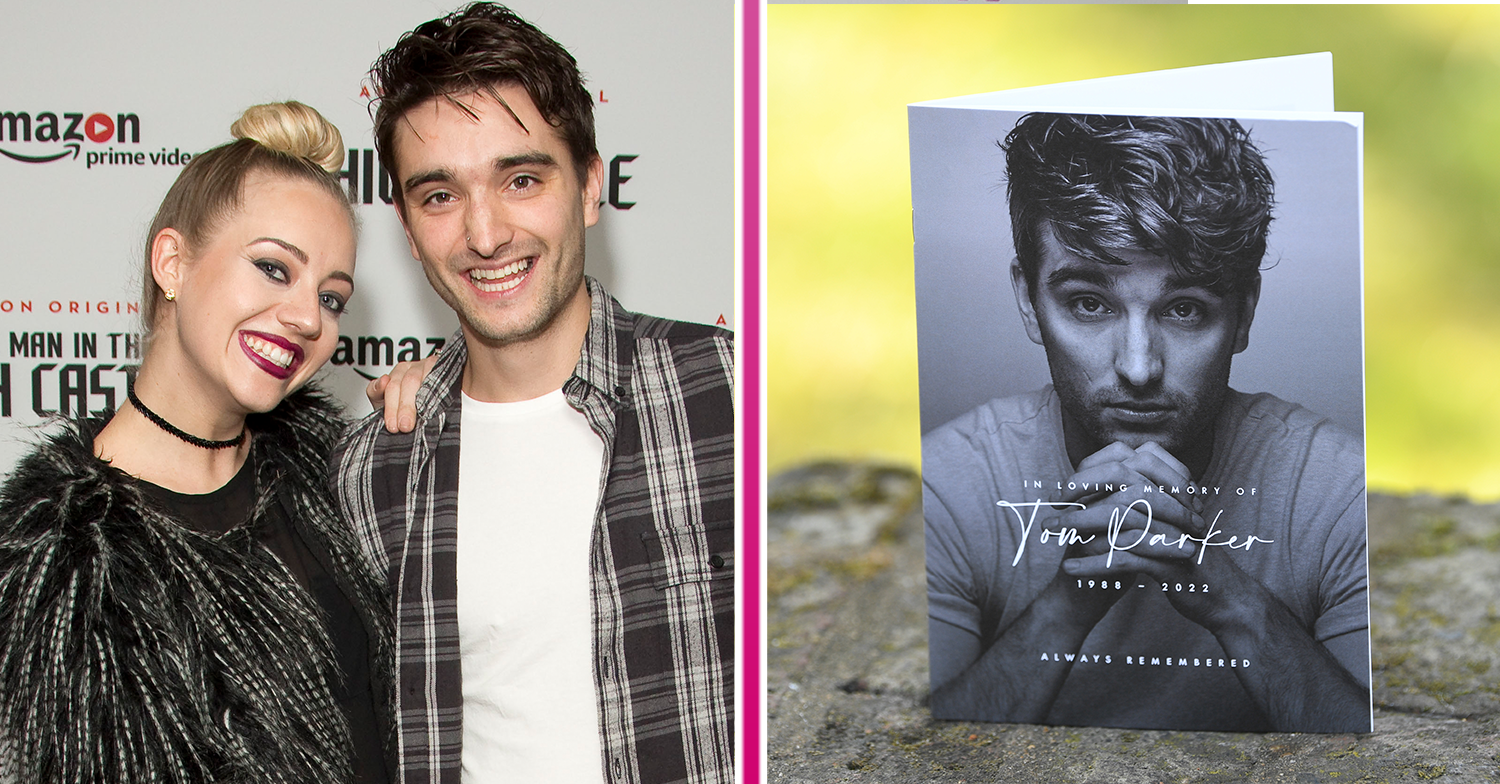 TOM PARKER smiling with wife Kelsey and his order of service for his funeral