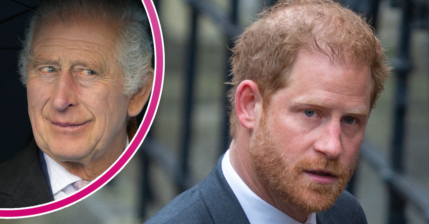 King Charles looking to the side smiling / Duke of Sussex looking worried